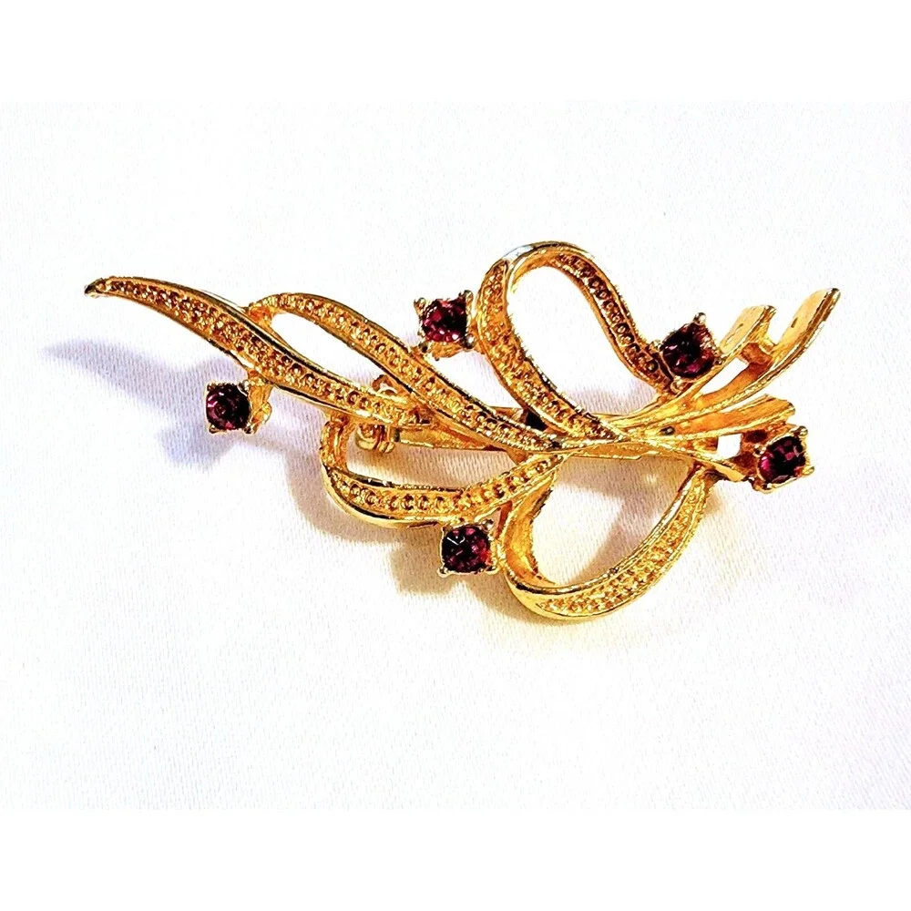 VTG Christmas Gerry's Gold Tone Ribbon Brooch Pin Jeweled Rhinestones 2